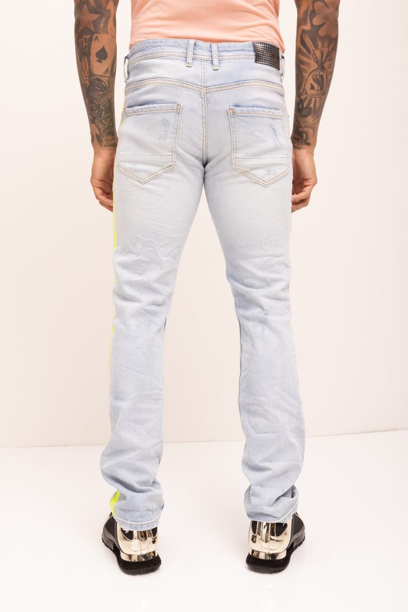 Neon Yellow Splattered Stripe Cotton Jeans - Indigo - Ron Tomson
