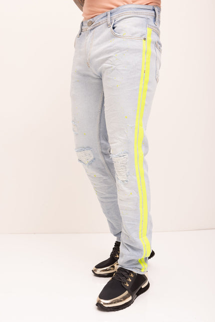 Neon Yellow Splattered Stripe Cotton Jeans - Indigo - Ron Tomson