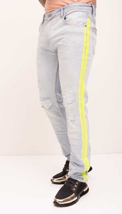 Neon Yellow Splattered Stripe Cotton Jeans - Indigo - Ron Tomson