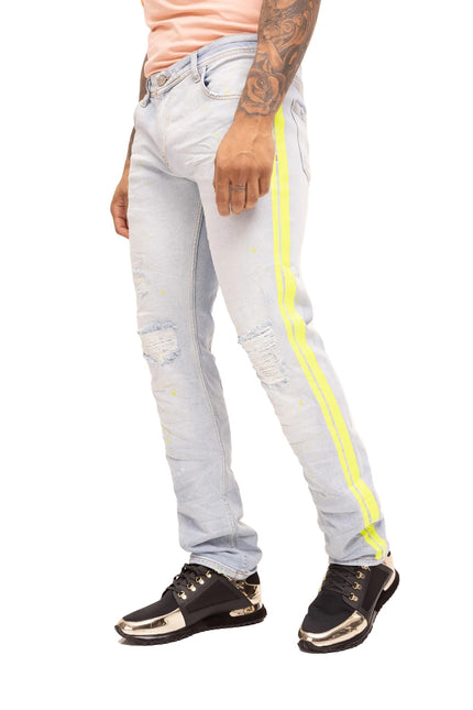 Neon Yellow Splattered Stripe Cotton Jeans - Indigo - Ron Tomson