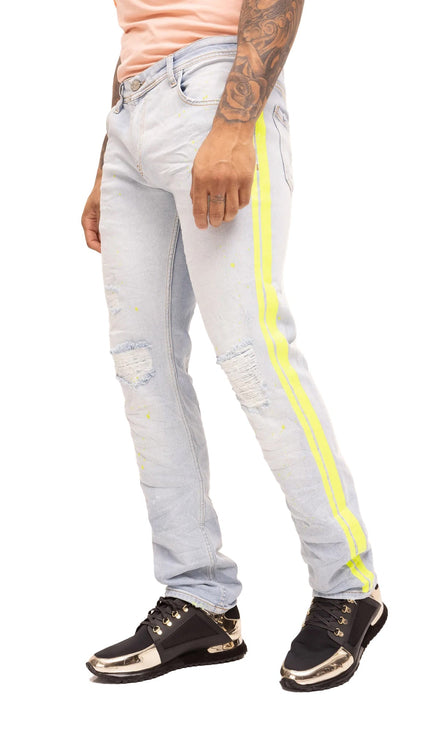 Neon Yellow Splattered Stripe Cotton Jeans - Indigo - Ron Tomson