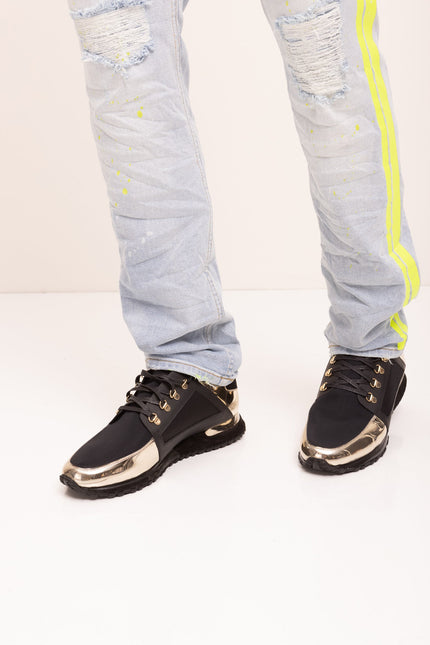 Neon Yellow Splattered Stripe Cotton Jeans - Indigo - Ron Tomson