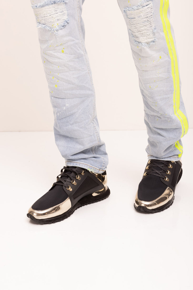 Neon Yellow Splattered Stripe Cotton Jeans - Indigo - Ron Tomson