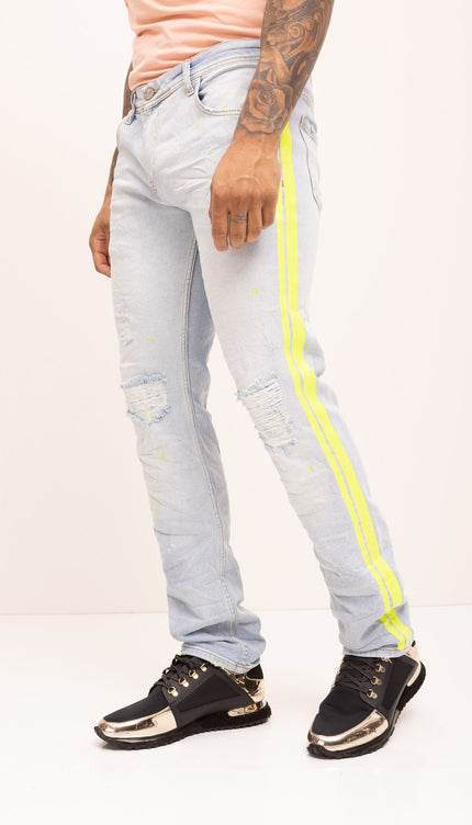 Neon Yellow Splattered Stripe Cotton Jeans - Indigo - Ron Tomson