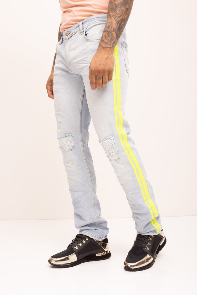 Neon Yellow Splattered Stripe Cotton Jeans - Indigo - Ron Tomson