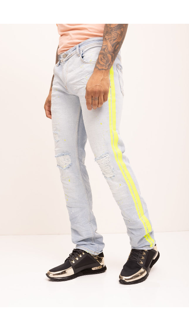 Neon Yellow Splattered Stripe Cotton Jeans - Indigo - Ron Tomson