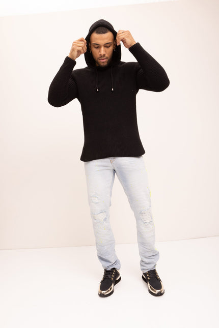 Neon Yellow Splattered Stripe Cotton Jeans - Indigo - Ron Tomson