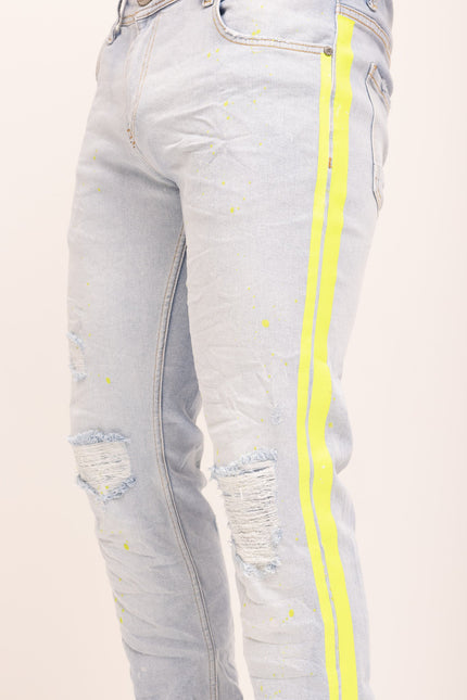 Neon Yellow Splattered Stripe Cotton Jeans - Indigo - Ron Tomson