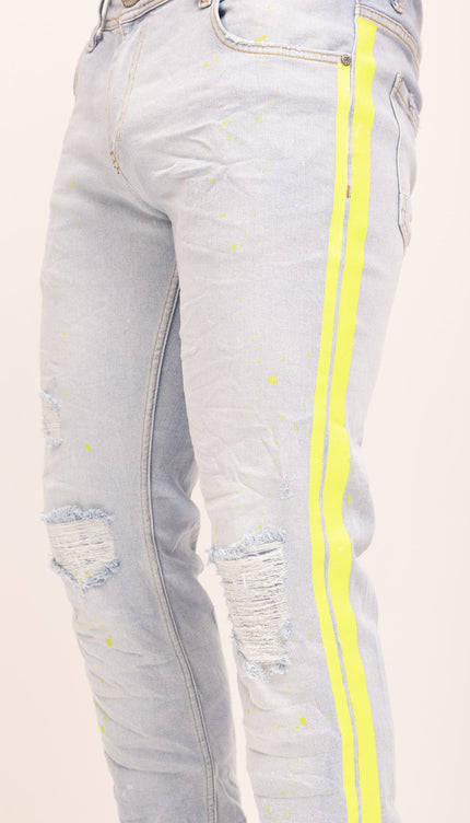 Neon Yellow Splattered Stripe Cotton Jeans - Indigo - Ron Tomson