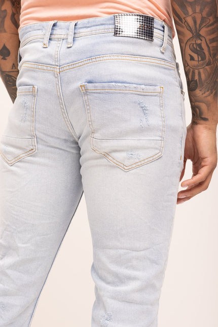 Neon Yellow Splattered Stripe Cotton Jeans - Indigo - Ron Tomson