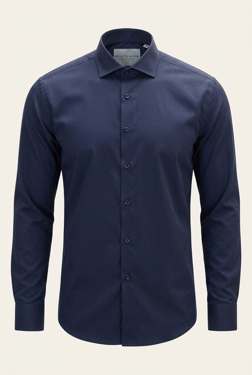 Non-Iron Pure Cotton Spread Collar Dress Shirt - Dark Navy - Front