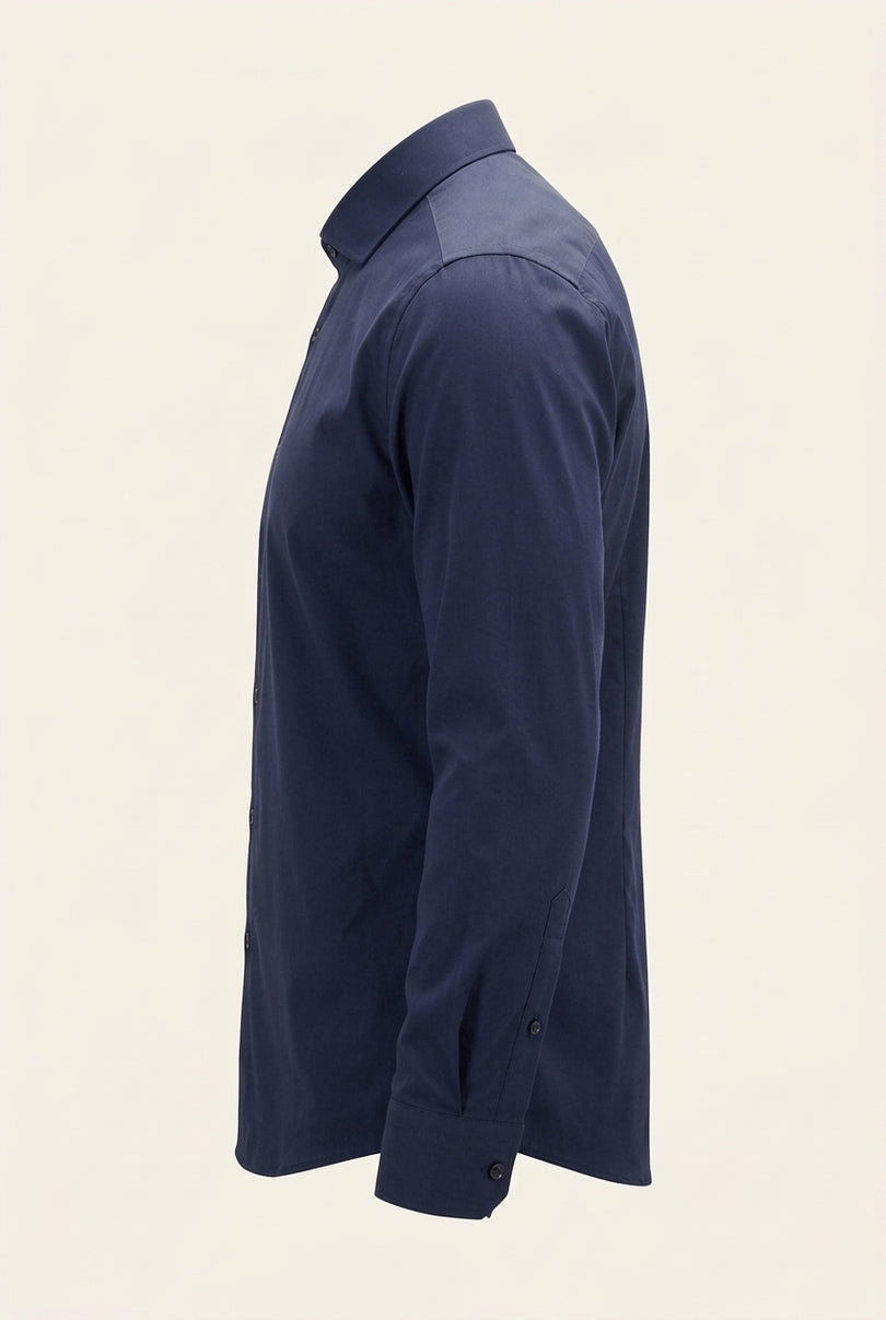 Non-Iron Pure Cotton Spread Collar Dress Shirt - Dark Navy - Side