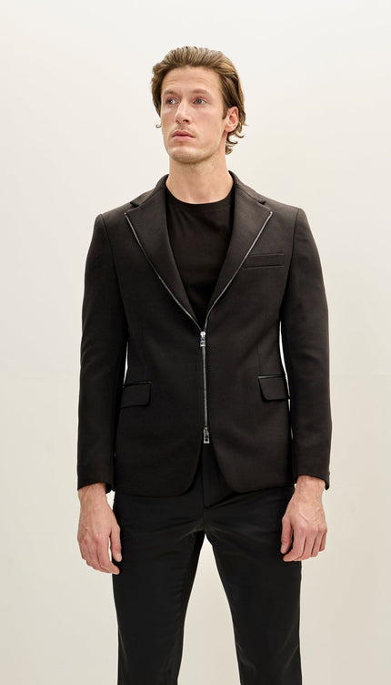 Notch Lapel Zipper - End Blazer - Black - Ron Tomson