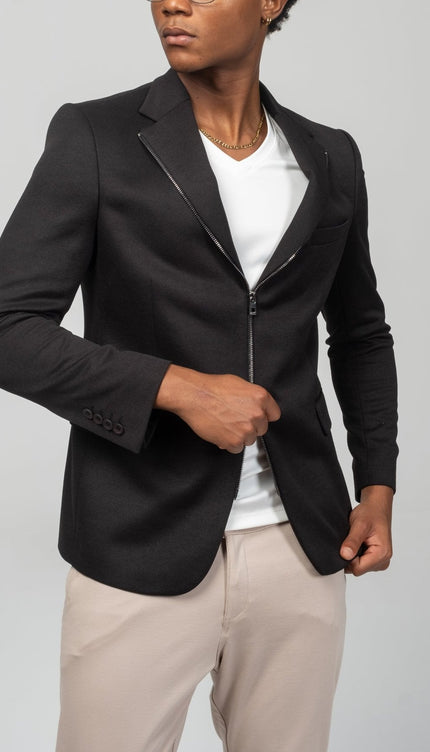 Notch Lapel Zipper - End Blazer - Black - Ron Tomson