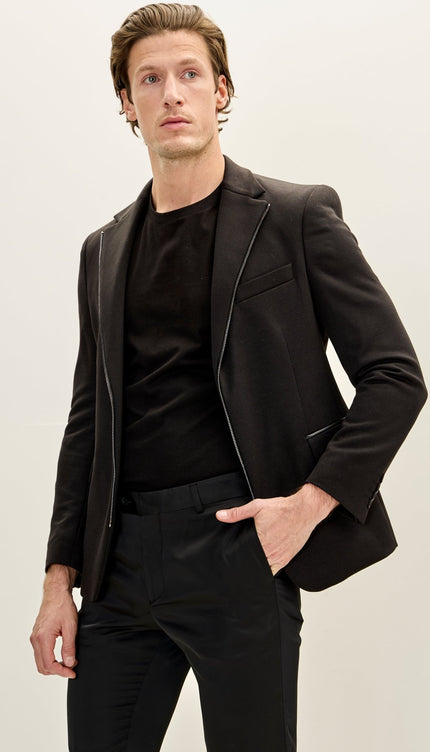 Notch Lapel Zipper - End Blazer - Black - Ron Tomson