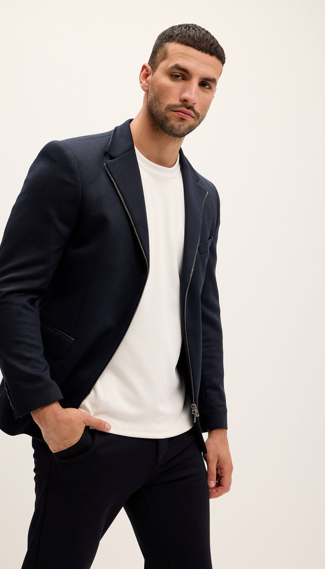 Notch Lapel Zipper - End Blazer - Navy - Ron Tomson