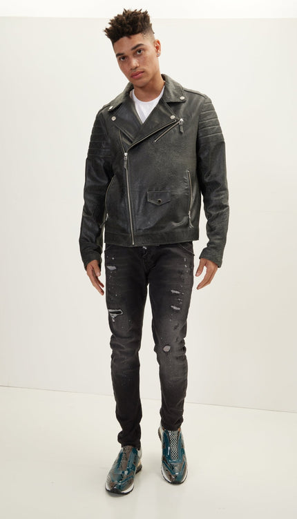 Nubuck Leather Moto Jacket - Dark Grey - Ron Tomson