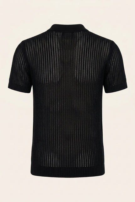 Openwork Knit Polo Shirt - Black - Back