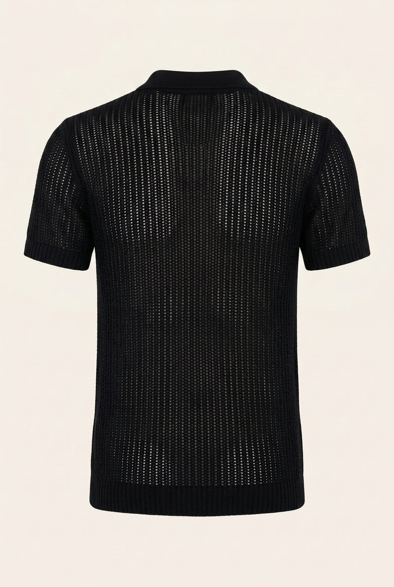 Openwork Knit Polo Shirt - Black - Back