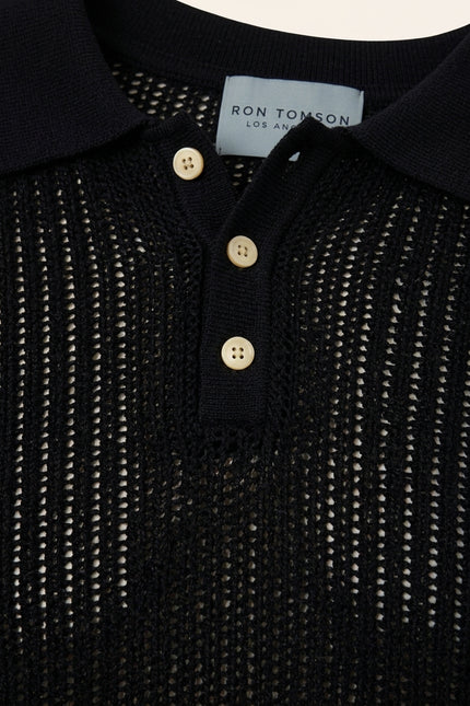 Openwork Knit Polo Shirt - Black - Detail