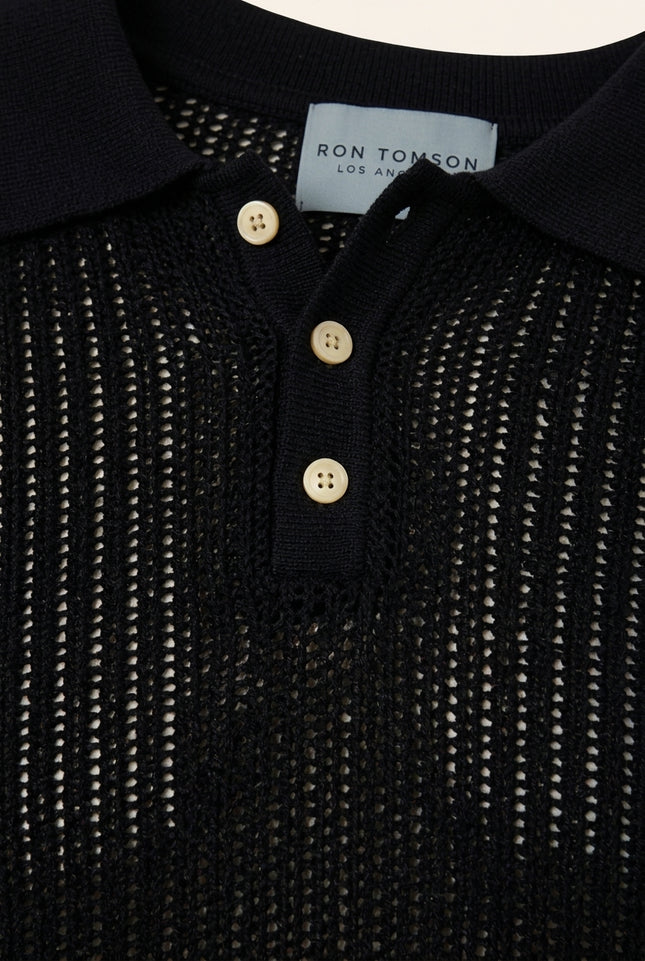 Openwork Knit Polo Shirt - Black - Detail