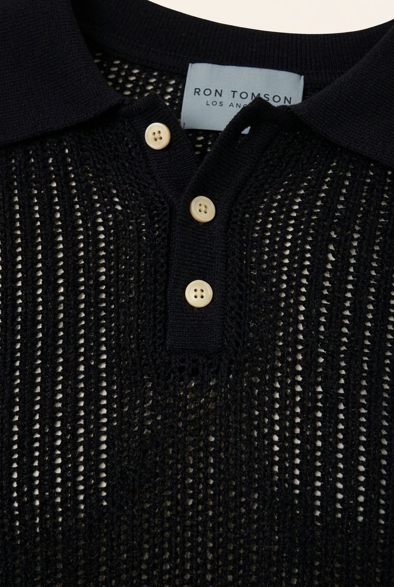 Openwork Knit Polo Shirt - Black - Detail