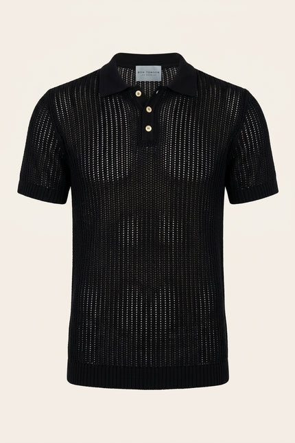 Openwork Knit Polo Shirt - Black - Front