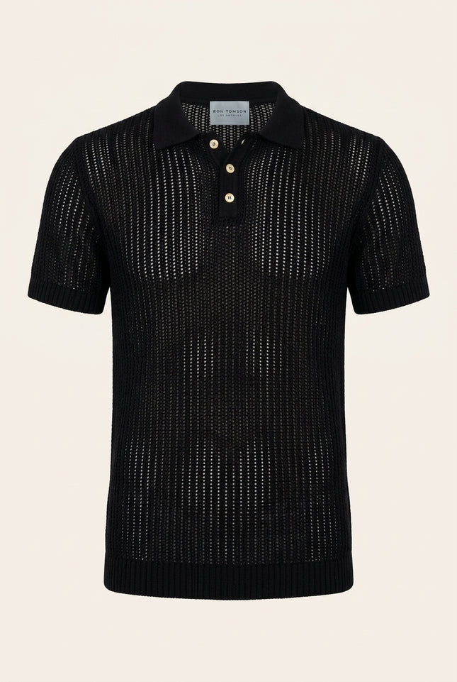 Openwork Knit Polo Shirt - Black - Front