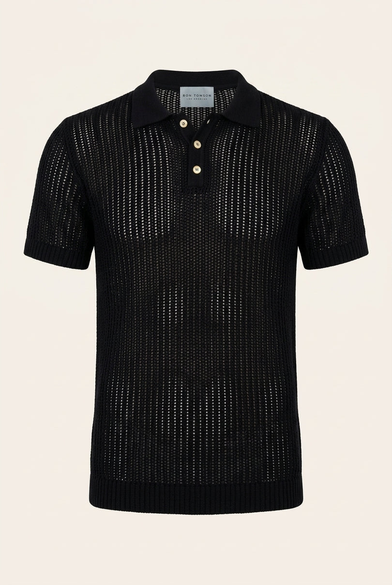 Openwork Knit Polo Shirt - Black - Front