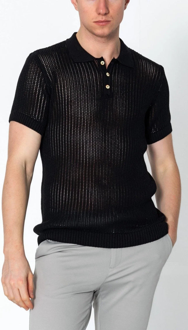 Openwork Knit Polo Tee - Black - Ron Tomson
