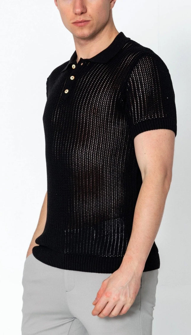 Openwork Knit Polo Tee - Black - Ron Tomson