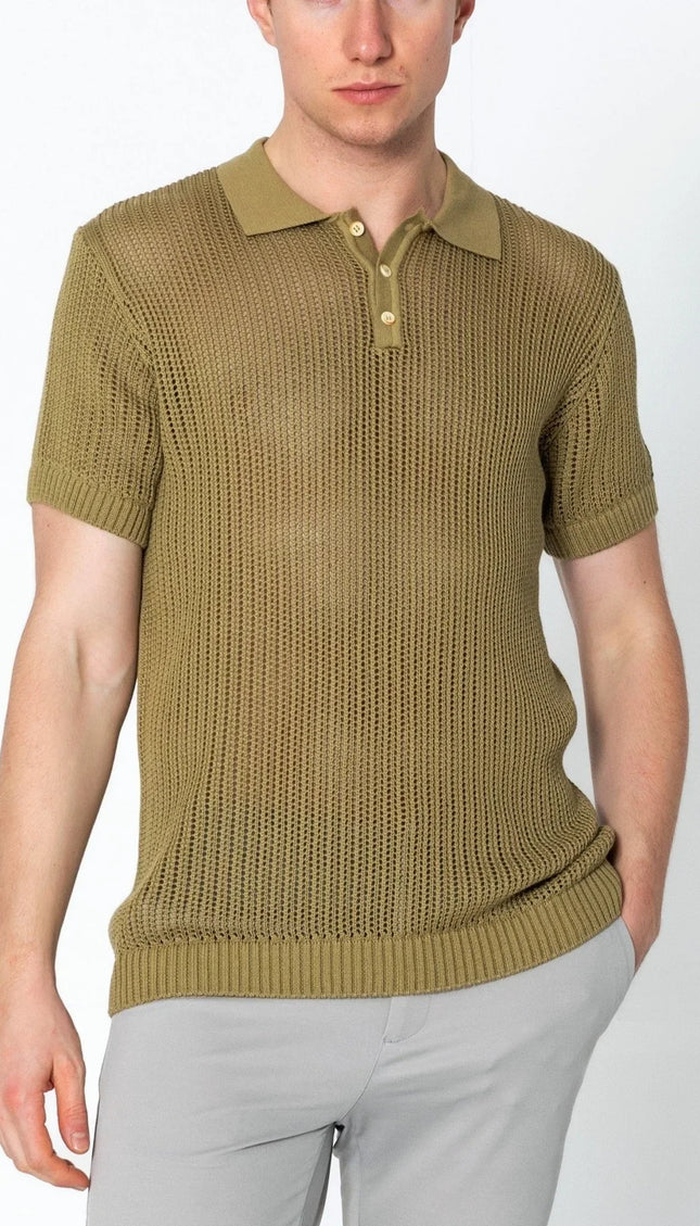 Openwork Knit Polo Tee - Light Green - Ron Tomson