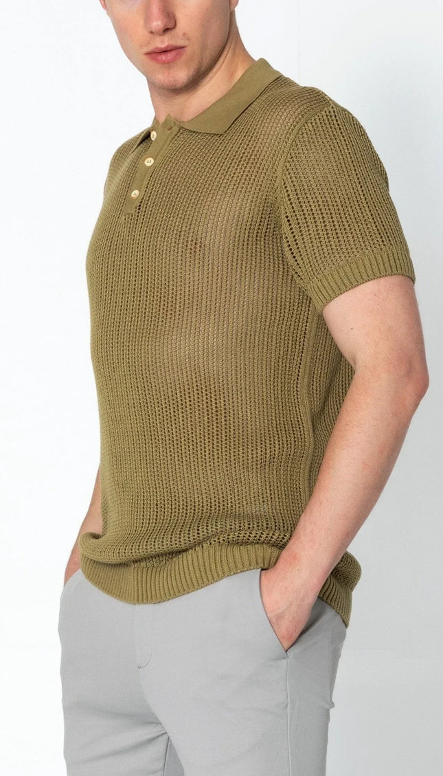Openwork Knit Polo Tee - Light Green - Ron Tomson