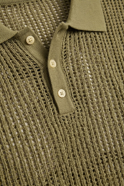 Openwork Knit Polo Tee - Light Green - Detail
