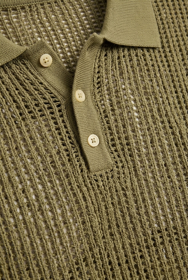 Openwork Knit Polo Tee - Light Green - Detail