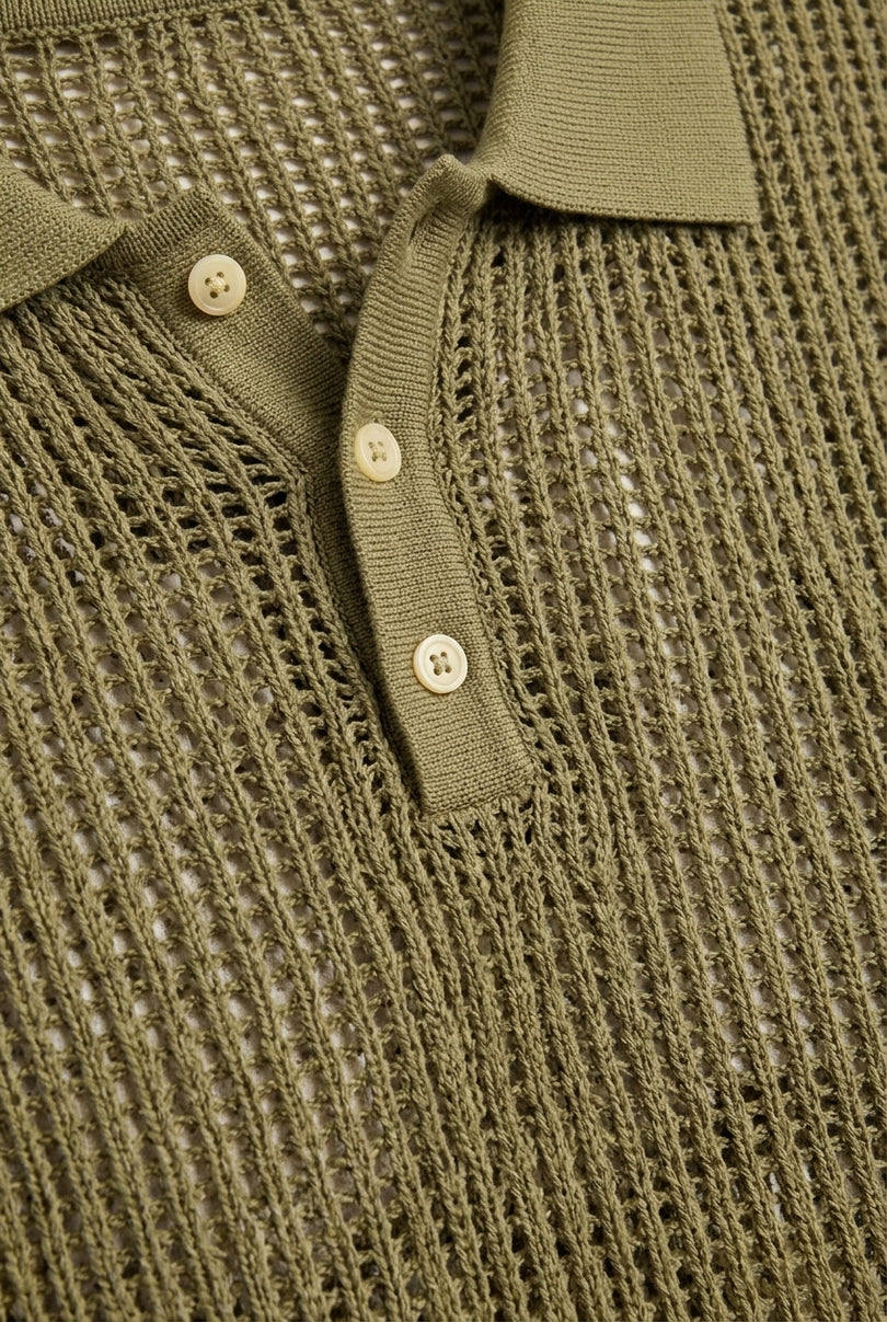 Openwork Knit Polo Tee - Light Green - Detail