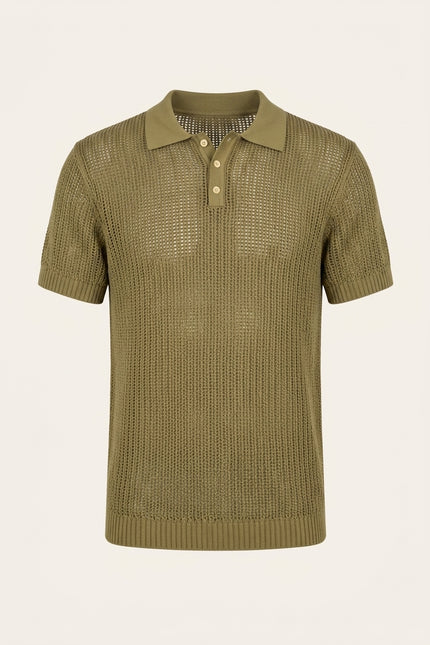 Openwork Knit Polo Tee - Light Green - Front