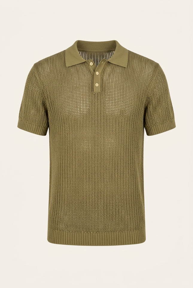 Openwork Knit Polo Tee - Light Green - Front