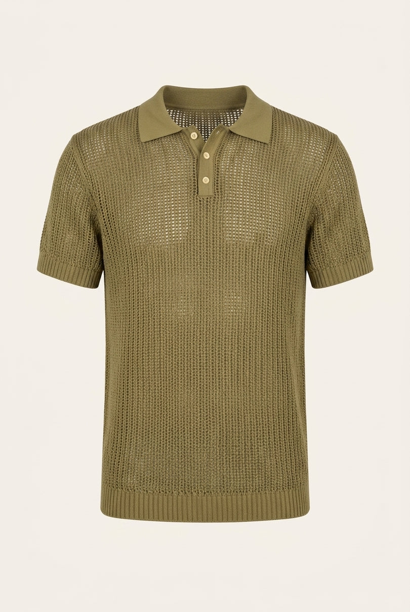 Openwork Knit Polo Tee - Light Green - Front
