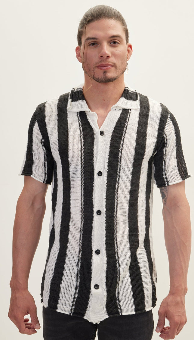 Openwork Stripe Knitted Polo - Anthracite - Ron Tomson