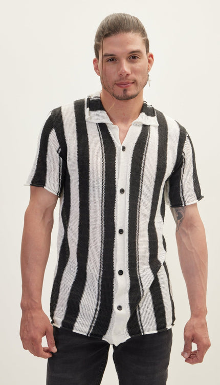 Openwork Stripe Knitted Polo - Anthracite - Ron Tomson