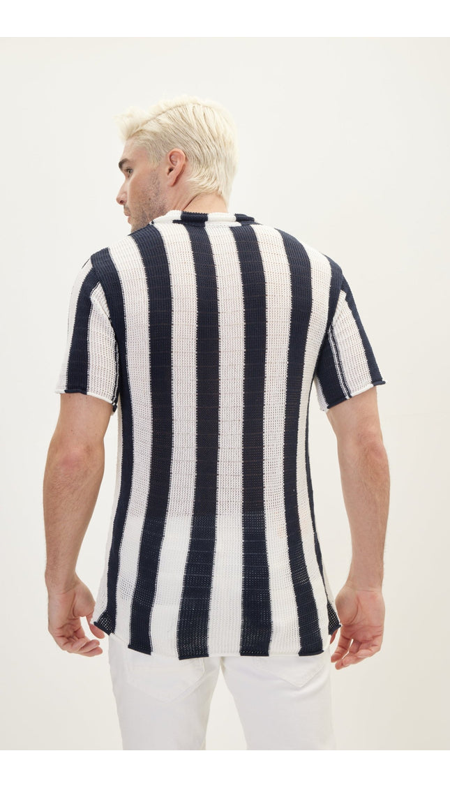 Openwork Stripe Knitted Polo T Shirt - Navy - Ron Tomson