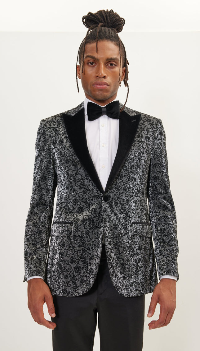 Oriental Flocking Peak Lapel Tuxedo Jacket - Metallic Silver - Ron Tomson