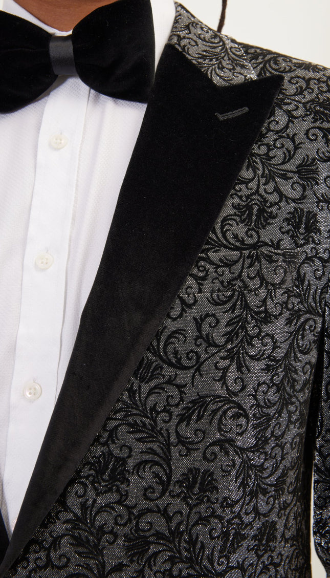 Oriental Flocking Peak Lapel Tuxedo Jacket - Metallic Silver - Ron Tomson