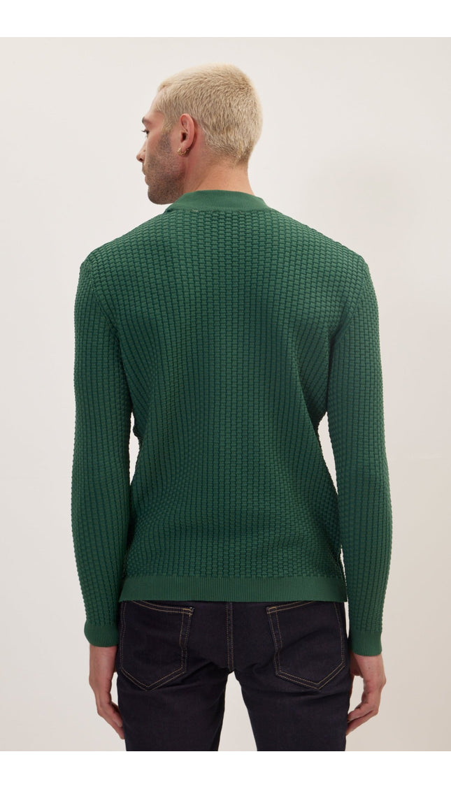 Oversized Bamboo Knitting Stitch Mock Neck Sweater - Green - Ron Tomson