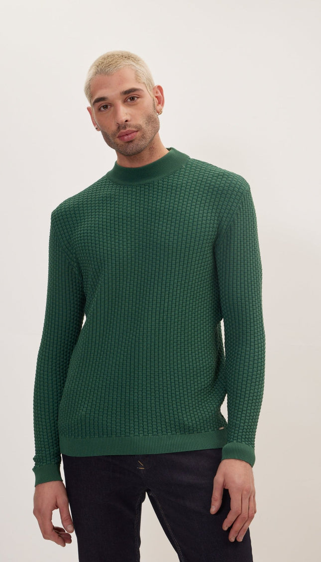 Oversized Bamboo Knitting Stitch Mock Neck Sweater - Green - Ron Tomson