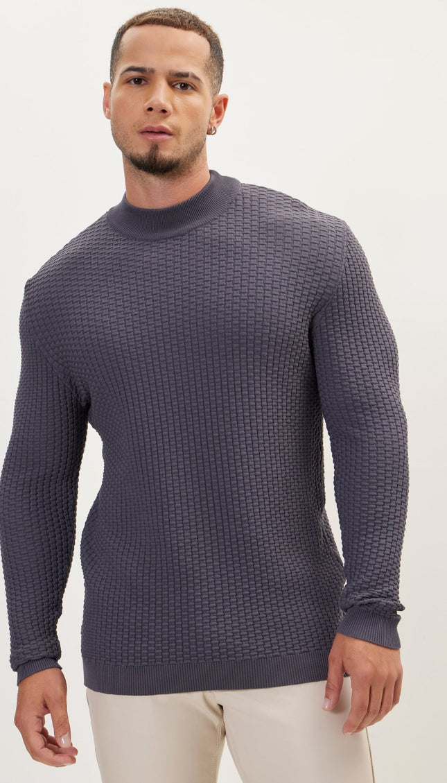 Oversized Bamboo Ribbing Stitch Mock Neck Sweater - Anthracite - Ron Tomson