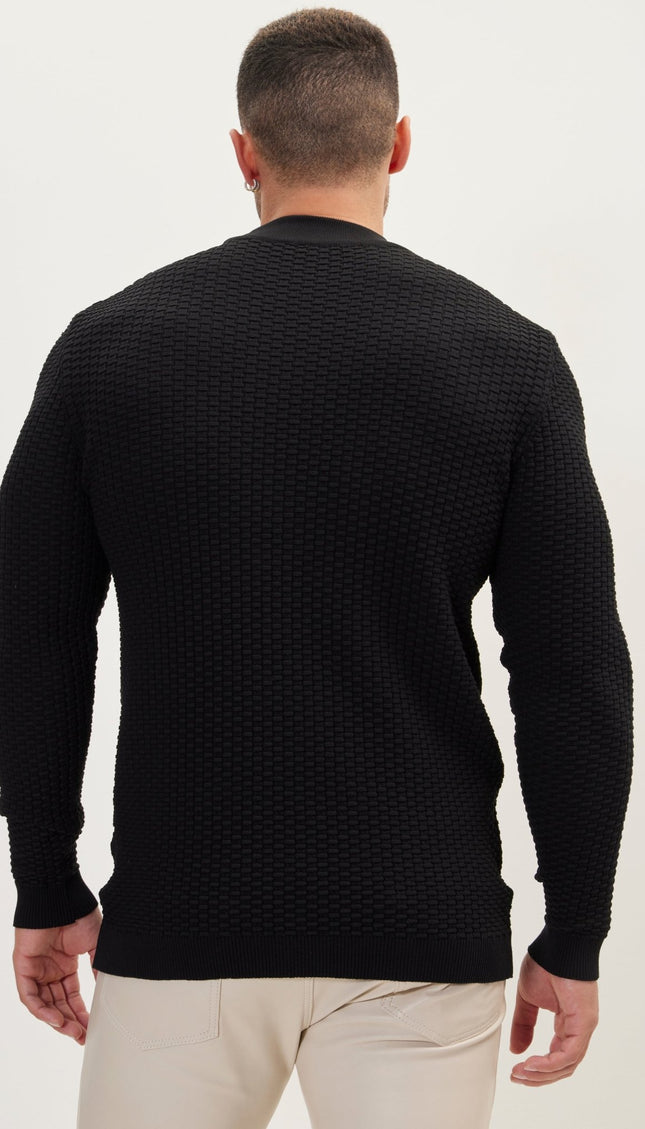 Oversized Bamboo Ribbing Stitch Mock Neck Sweater - Black - Ron Tomson