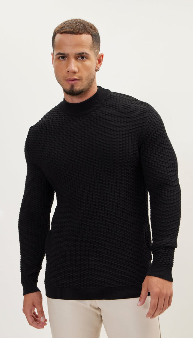 Oversized Bamboo Ribbing Stitch Mock Neck Sweater - Black - Ron Tomson