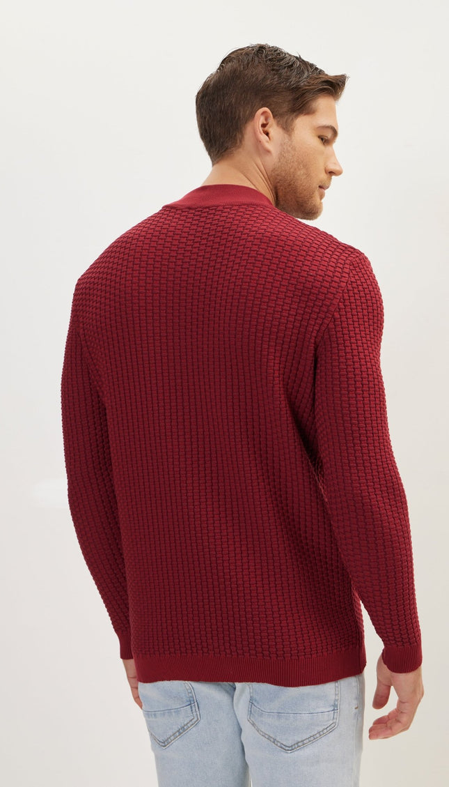 Oversized Bamboo Ribbing Stitch Mock Neck Sweater - Burgundy - Ron Tomson